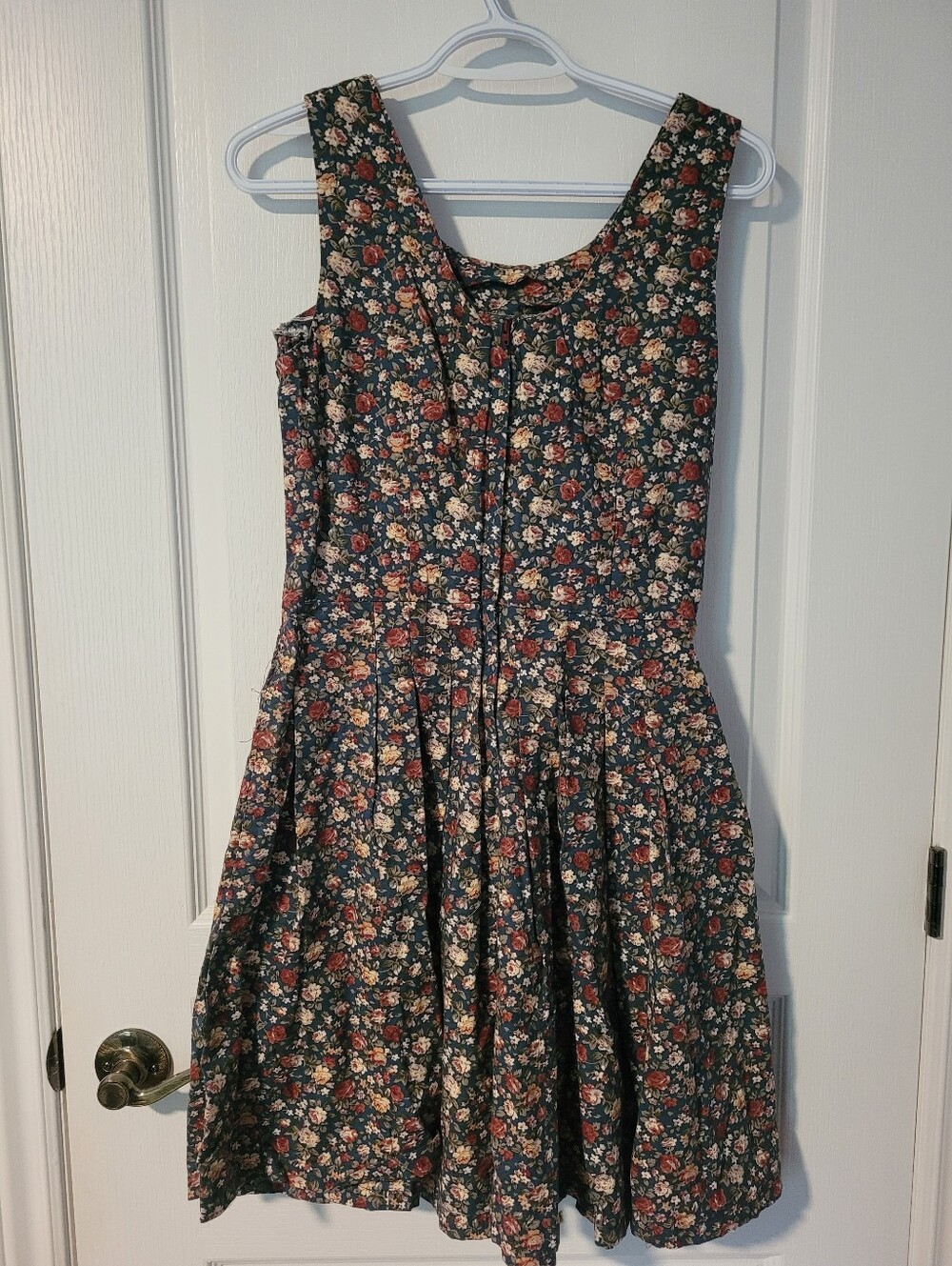 Vintage Floral Midi Dress in Dark Green with Pink & Cream Blooms